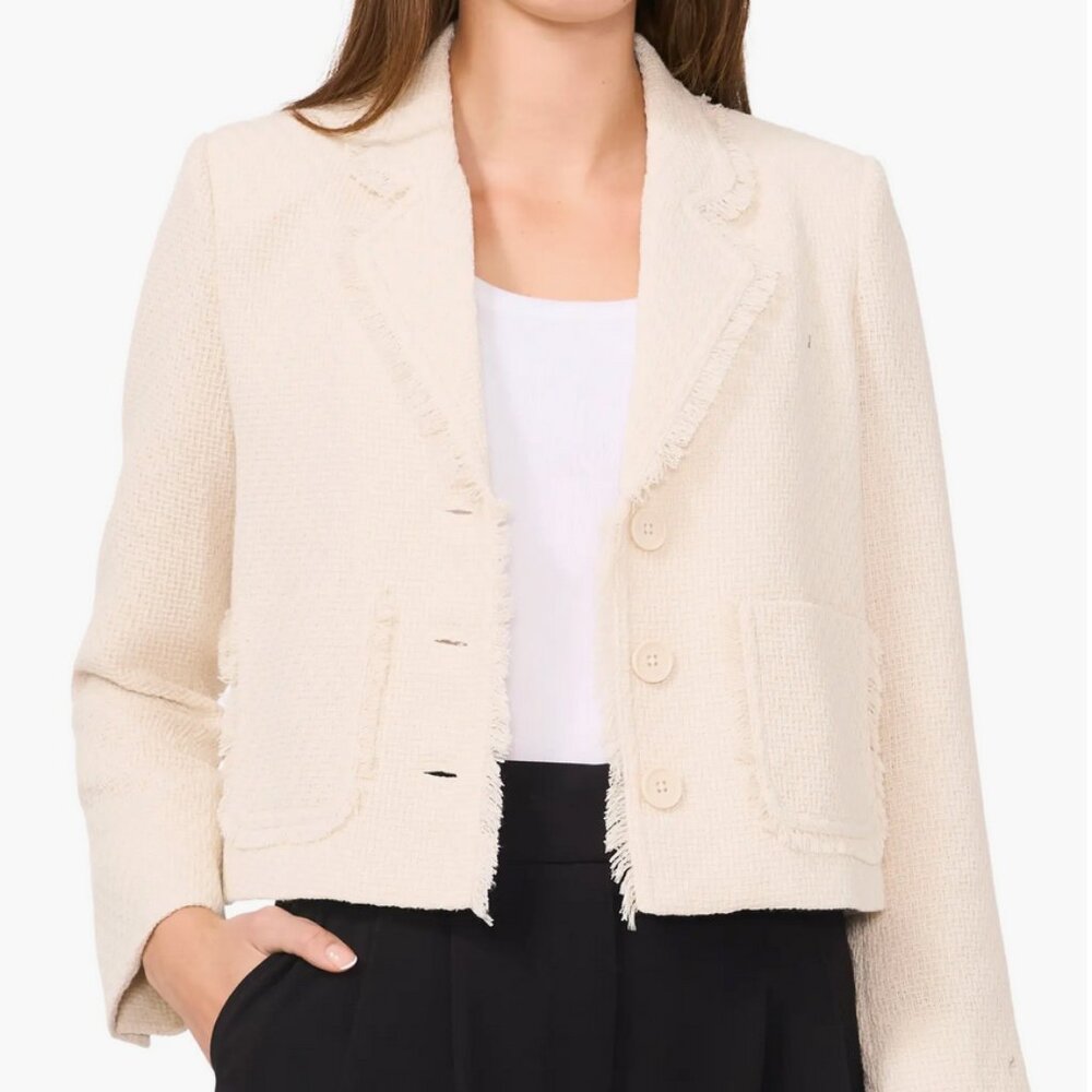 Halogen Tweed Fringe Jacket Blazer Cropped Crop Short Cream Beige Off White NWT